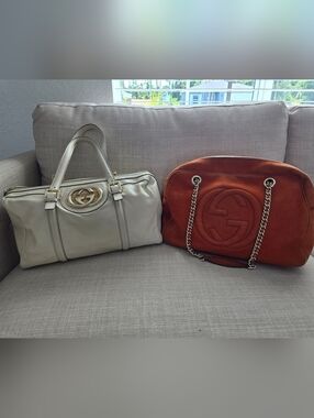 Lot Of 2 Gucci Cream Leather Bowling Bag & Gucci Rust Orange Shoulder Tote Duo